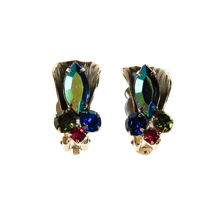 Colorful Rhinestone Earrings with Blue Aurora Borealis, Green, Pink, Rhinestones, 1950s, 1960s Era by Mid Century Modern - Vintage Meet Modern Vintage Jewelry - Chicago, Illinois - #oldhollywoodglamour #vintagemeetmodern #designervintage #jewelrybox #antiquejewelry #vintagejewelry