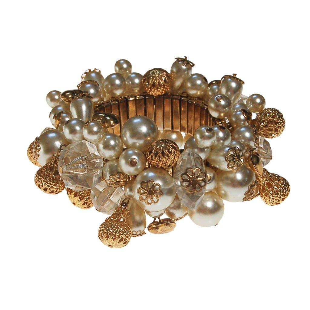 Loaded Pearl, Expansion Bracelet with Gold Filigree Bead and Crystal Cha Cha
