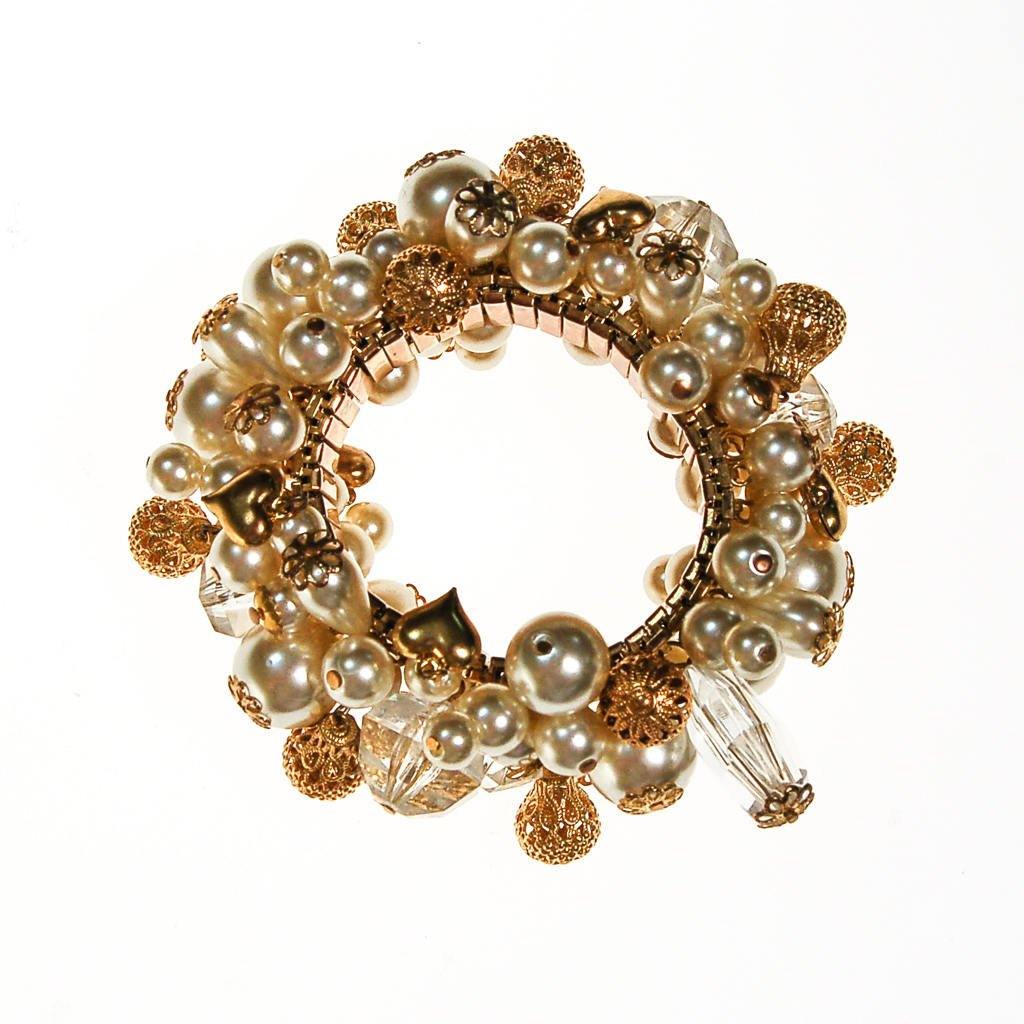 Loaded Pearl, Expansion Bracelet with Gold Filigree Bead and Crystal Cha Cha by unsigned - Vintage Meet Modern Vintage Jewelry - Chicago, Illinois - #oldhollywoodglamour #vintagemeetmodern #designervintage #jewelrybox #antiquejewelry #vintagejewelry