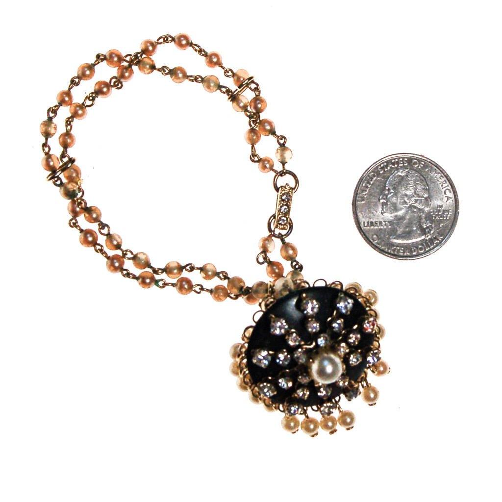 Kramer Faux Pearl, Rhinestone, Blue Lucite Charm Bracelet by Kramer - Vintage Meet Modern Vintage Jewelry - Chicago, Illinois - #oldhollywoodglamour #vintagemeetmodern #designervintage #jewelrybox #antiquejewelry #vintagejewelry