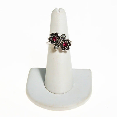 Avon Silver Flower Adjustable Ring with Pink Rhinestones and Faux Pearls, Silver Tone by unsigned - Vintage Meet Modern Vintage Jewelry - Chicago, Illinois - #oldhollywoodglamour #vintagemeetmodern #designervintage #jewelrybox #antiquejewelry #vintagejewelry