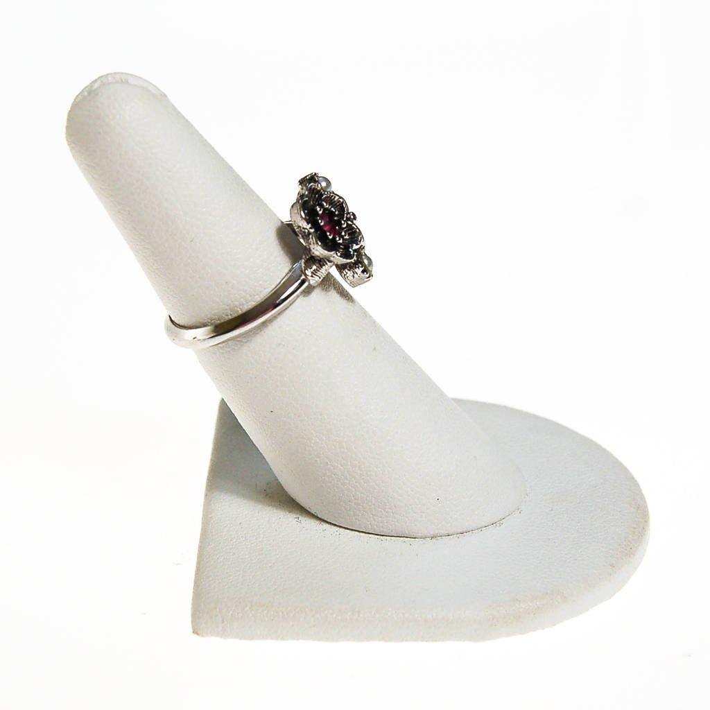 Avon Silver Flower Adjustable Ring with Pink Rhinestones and Faux Pearls, Silver Tone by unsigned - Vintage Meet Modern Vintage Jewelry - Chicago, Illinois - #oldhollywoodglamour #vintagemeetmodern #designervintage #jewelrybox #antiquejewelry #vintagejewelry