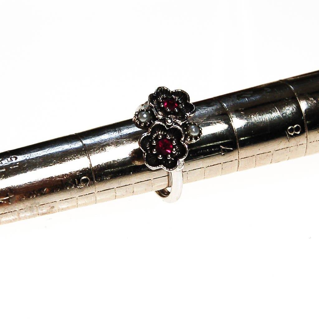 Avon Silver Flower Adjustable Ring with Pink Rhinestones and Faux Pearls, Silver Tone by unsigned - Vintage Meet Modern Vintage Jewelry - Chicago, Illinois - #oldhollywoodglamour #vintagemeetmodern #designervintage #jewelrybox #antiquejewelry #vintagejewelry