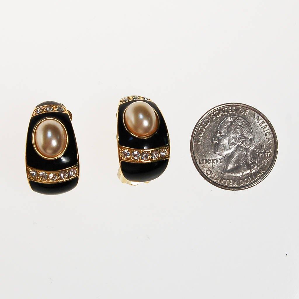 Joan Rivers Gold, Black Enamel, Rhinestone, Faux Pearl Earrings by Joan Rivers - Vintage Meet Modern Vintage Jewelry - Chicago, Illinois - #oldhollywoodglamour #vintagemeetmodern #designervintage #jewelrybox #antiquejewelry #vintagejewelry