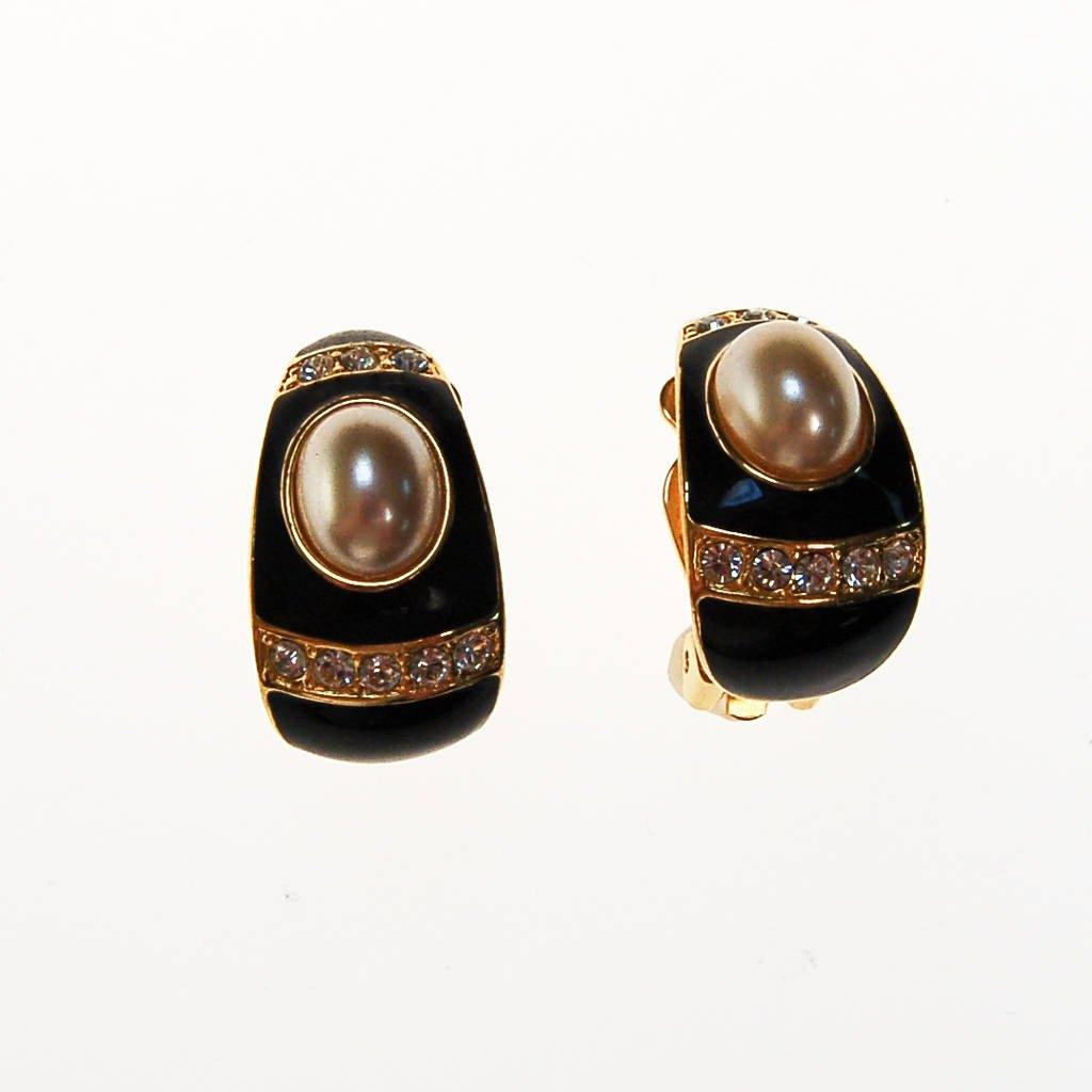 Joan Rivers Gold, Black Enamel, Rhinestone, Faux Pearl Earrings by Joan Rivers - Vintage Meet Modern Vintage Jewelry - Chicago, Illinois - #oldhollywoodglamour #vintagemeetmodern #designervintage #jewelrybox #antiquejewelry #vintagejewelry