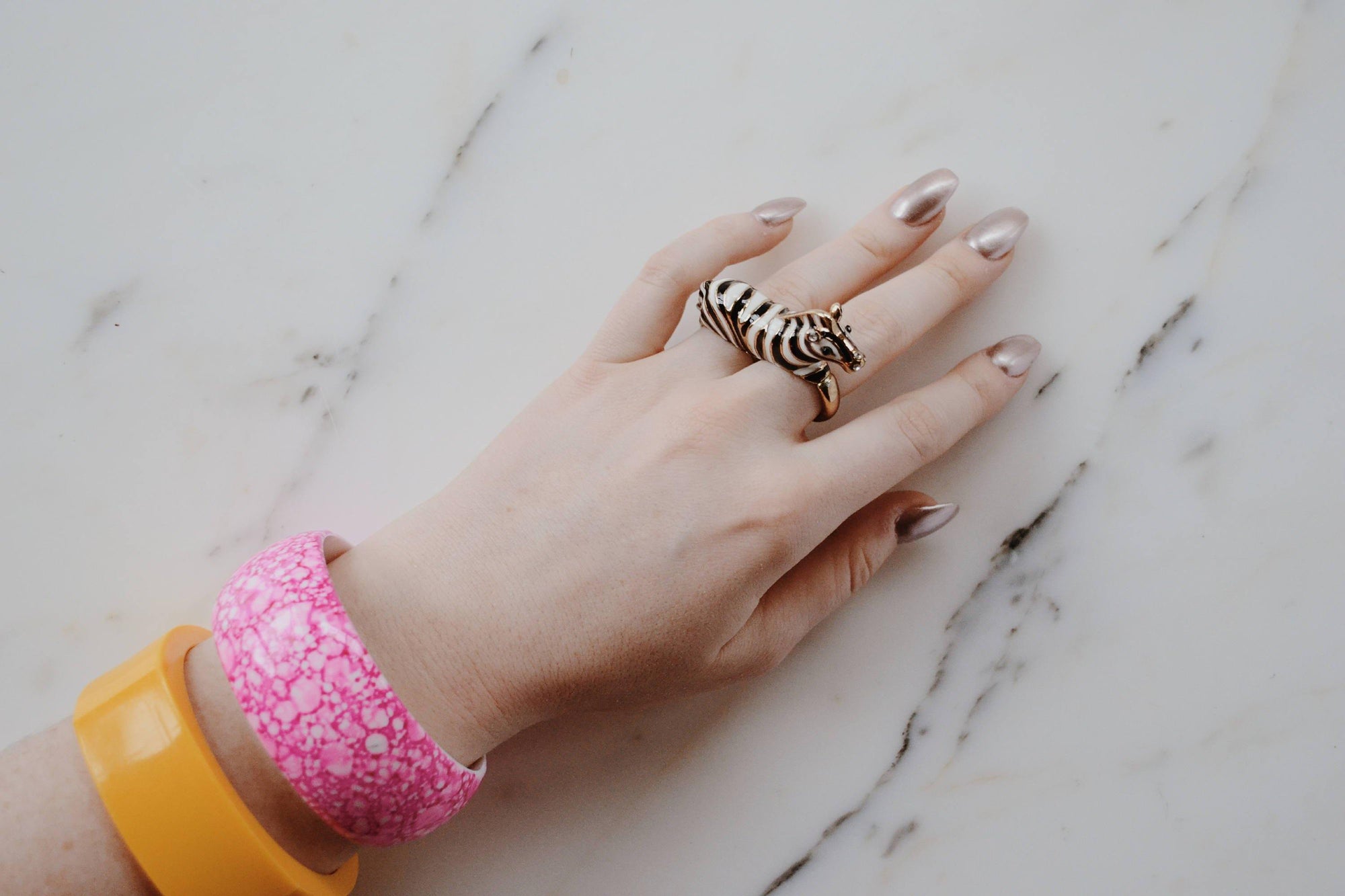 Pink and White Speckled Wide Bangle Bracelet by 1980s - Vintage Meet Modern Vintage Jewelry - Chicago, Illinois - #oldhollywoodglamour #vintagemeetmodern #designervintage #jewelrybox #antiquejewelry #vintagejewelry
