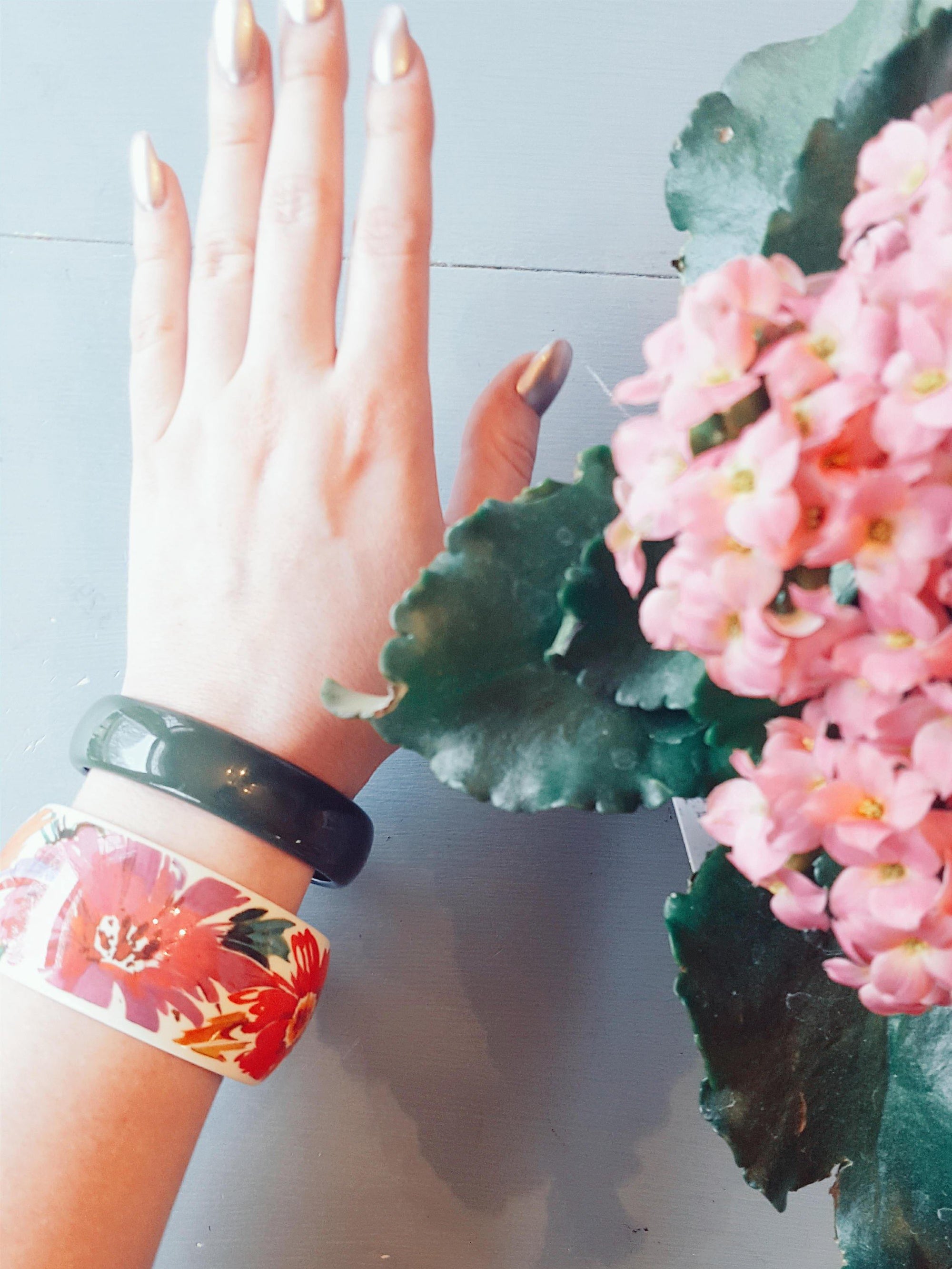 Pink, Yellow, White, Orange, Green Tropical Flower Wide Bangle Bracelet by 1980s - Vintage Meet Modern Vintage Jewelry - Chicago, Illinois - #oldhollywoodglamour #vintagemeetmodern #designervintage #jewelrybox #antiquejewelry #vintagejewelry