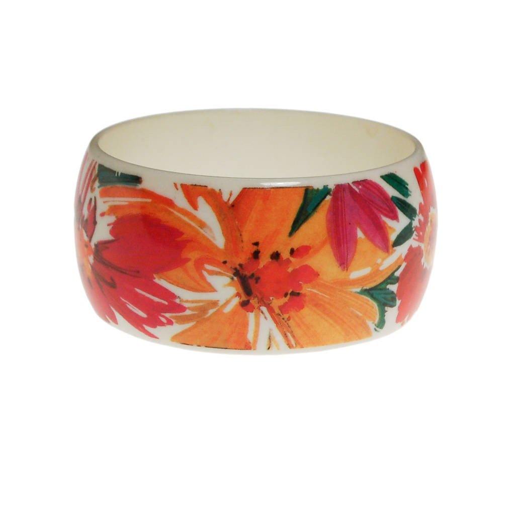 Pink, Yellow, White, Orange, Green Tropical Flower Wide Bangle Bracelet by 1980s - Vintage Meet Modern Vintage Jewelry - Chicago, Illinois - #oldhollywoodglamour #vintagemeetmodern #designervintage #jewelrybox #antiquejewelry #vintagejewelry