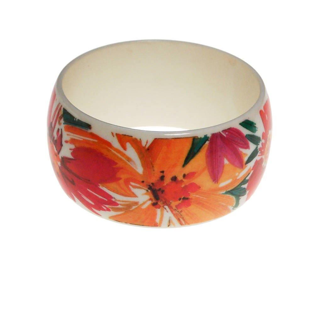 Pink, Yellow, White, Orange, Green Tropical Flower Wide Bangle Bracelet by 1980s - Vintage Meet Modern Vintage Jewelry - Chicago, Illinois - #oldhollywoodglamour #vintagemeetmodern #designervintage #jewelrybox #antiquejewelry #vintagejewelry