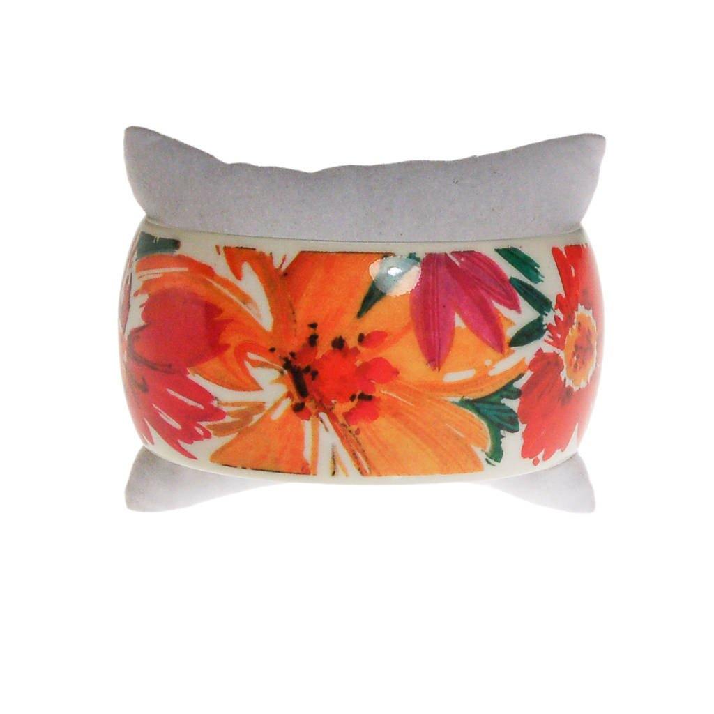 Pink, Yellow, White, Orange, Green Tropical Flower Wide Bangle Bracelet by 1980s - Vintage Meet Modern Vintage Jewelry - Chicago, Illinois - #oldhollywoodglamour #vintagemeetmodern #designervintage #jewelrybox #antiquejewelry #vintagejewelry