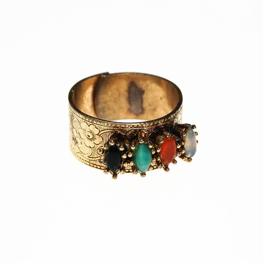 Vogue Renaissance Revival Wide Band Adjustable Ring with Faux Jade, Onyx, Carnelia, and Opaline by Vogue - Vintage Meet Modern Vintage Jewelry - Chicago, Illinois - #oldhollywoodglamour #vintagemeetmodern #designervintage #jewelrybox #antiquejewelry #vintagejewelry
