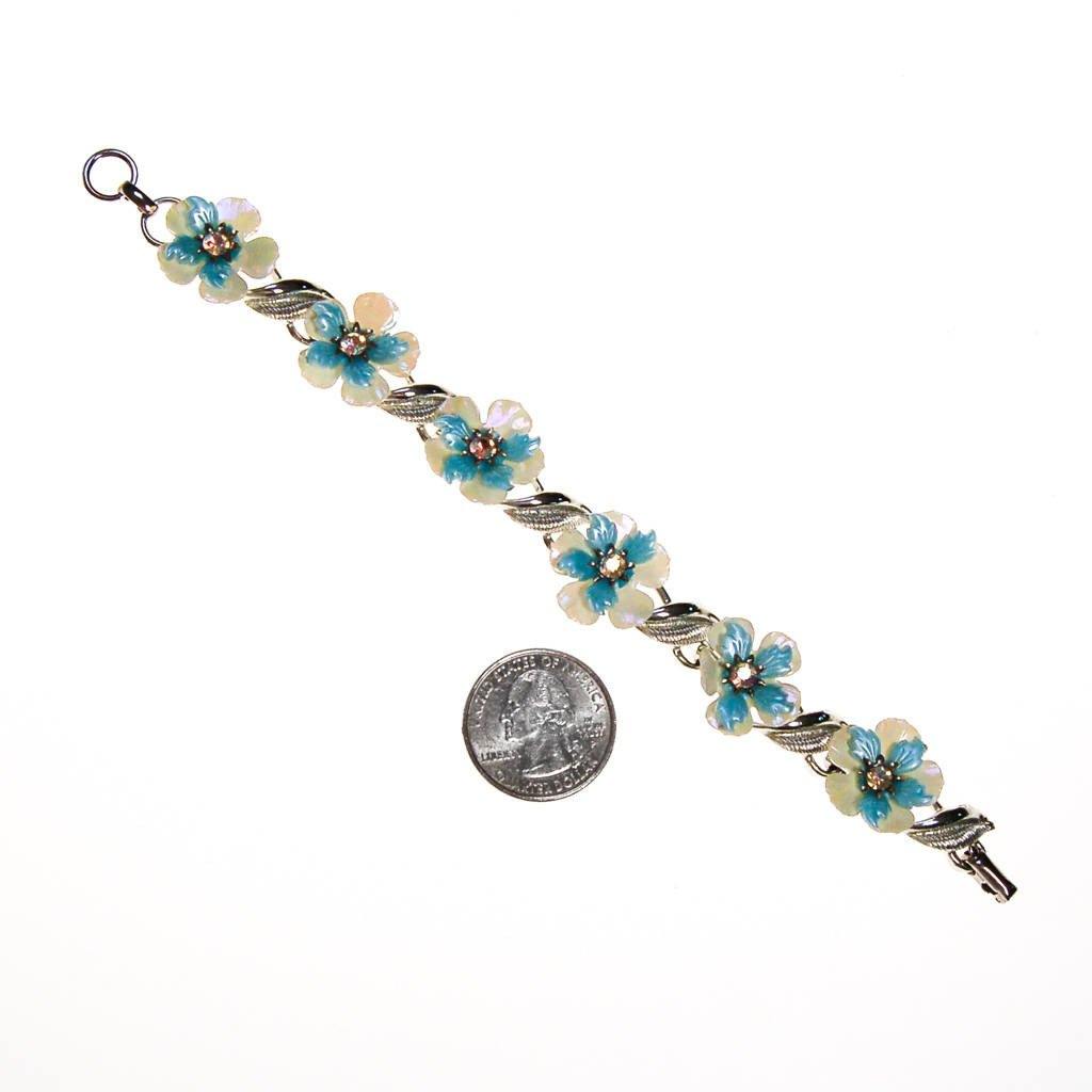 Coro White and Blue Flower Bracelet with Rhinestones by Coro - Vintage Meet Modern Vintage Jewelry - Chicago, Illinois - #oldhollywoodglamour #vintagemeetmodern #designervintage #jewelrybox #antiquejewelry #vintagejewelry
