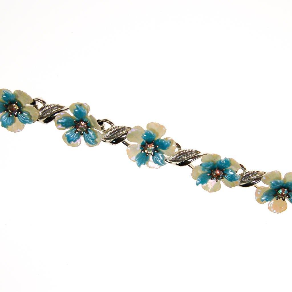 Coro White and Blue Flower Bracelet with Rhinestones by Coro - Vintage Meet Modern Vintage Jewelry - Chicago, Illinois - #oldhollywoodglamour #vintagemeetmodern #designervintage #jewelrybox #antiquejewelry #vintagejewelry