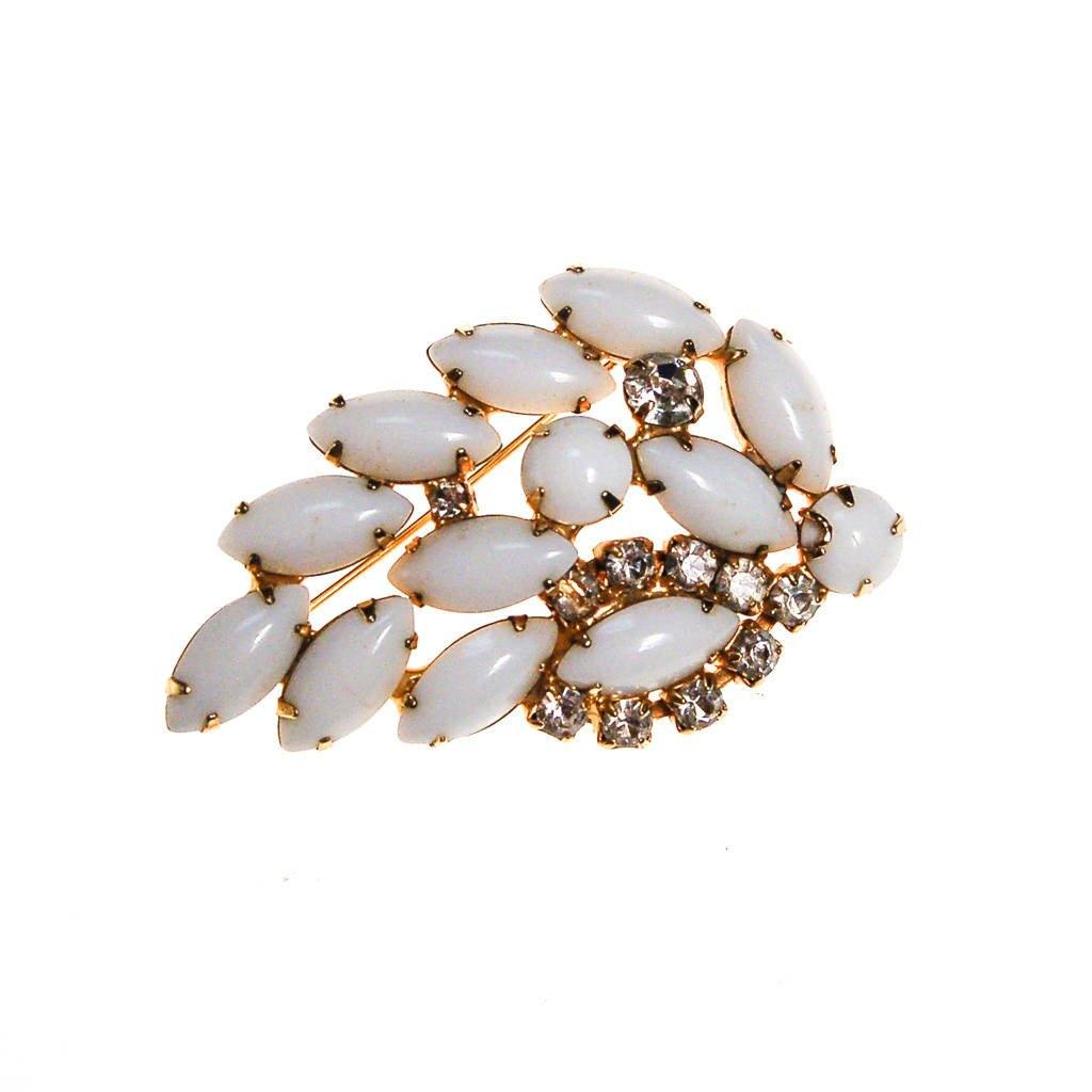 White Milk Glass and Rhinestone Brooch