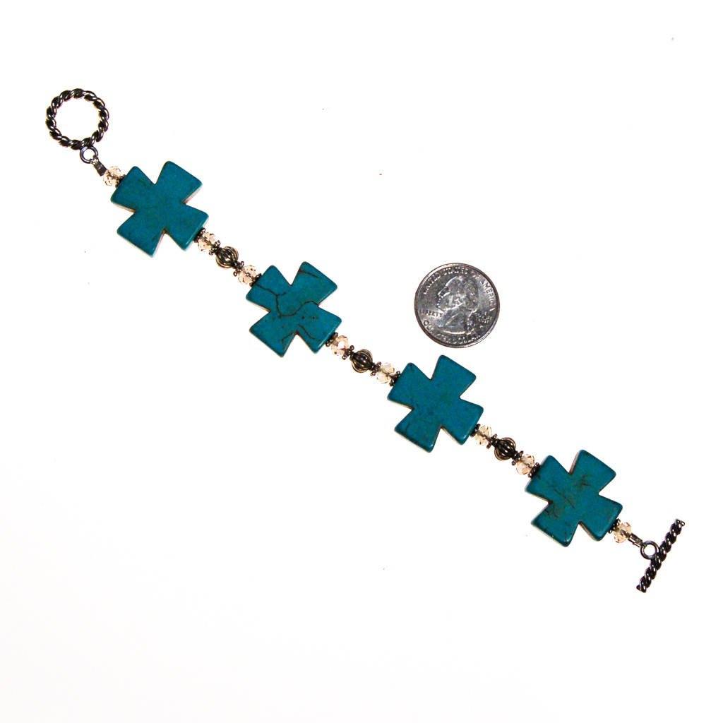 Turquoise Howlite Cross, Crystal and Silver Bead Bracelet by One of a Kind - Vintage Meet Modern Vintage Jewelry - Chicago, Illinois - #oldhollywoodglamour #vintagemeetmodern #designervintage #jewelrybox #antiquejewelry #vintagejewelry