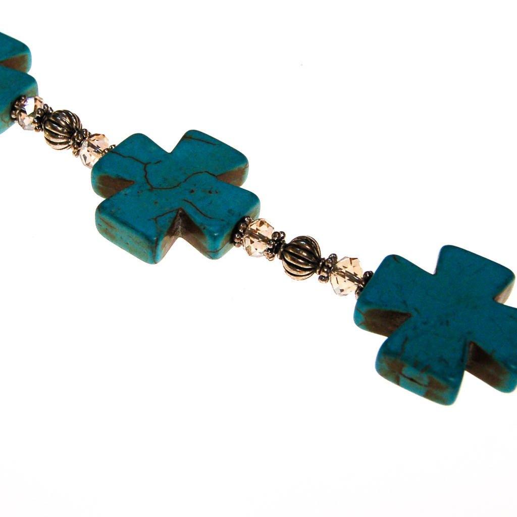 Turquoise Howlite Cross, Crystal and Silver Bead Bracelet by One of a Kind - Vintage Meet Modern Vintage Jewelry - Chicago, Illinois - #oldhollywoodglamour #vintagemeetmodern #designervintage #jewelrybox #antiquejewelry #vintagejewelry