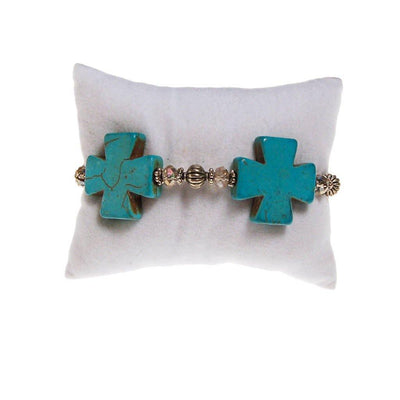 Turquoise Howlite Cross, Crystal and Silver Bead Bracelet by One of a Kind - Vintage Meet Modern Vintage Jewelry - Chicago, Illinois - #oldhollywoodglamour #vintagemeetmodern #designervintage #jewelrybox #antiquejewelry #vintagejewelry