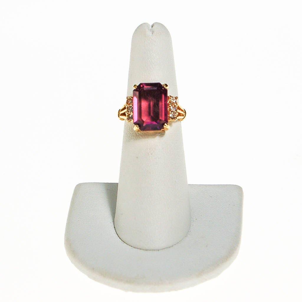 Amethyst CZ Cocktail Statement Ring, Emerald Cut, Gold Plated, CZ Accent Stones by unsigned - Vintage Meet Modern Vintage Jewelry - Chicago, Illinois - #oldhollywoodglamour #vintagemeetmodern #designervintage #jewelrybox #antiquejewelry #vintagejewelry