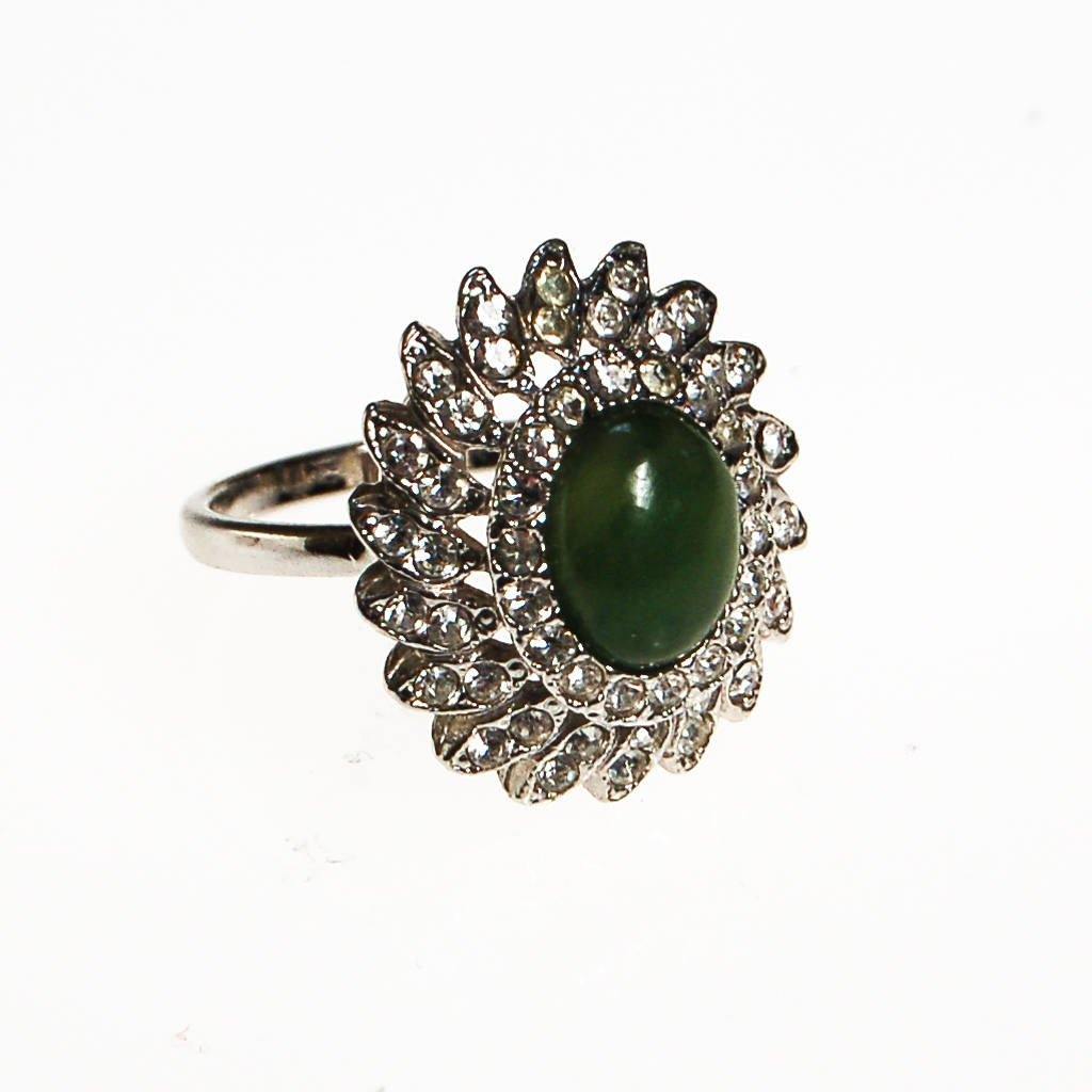 Huge CZ and Jade Cocktail Statement Ring, Cubic Zirconia by unsigned - Vintage Meet Modern Vintage Jewelry - Chicago, Illinois - #oldhollywoodglamour #vintagemeetmodern #designervintage #jewelrybox #antiquejewelry #vintagejewelry