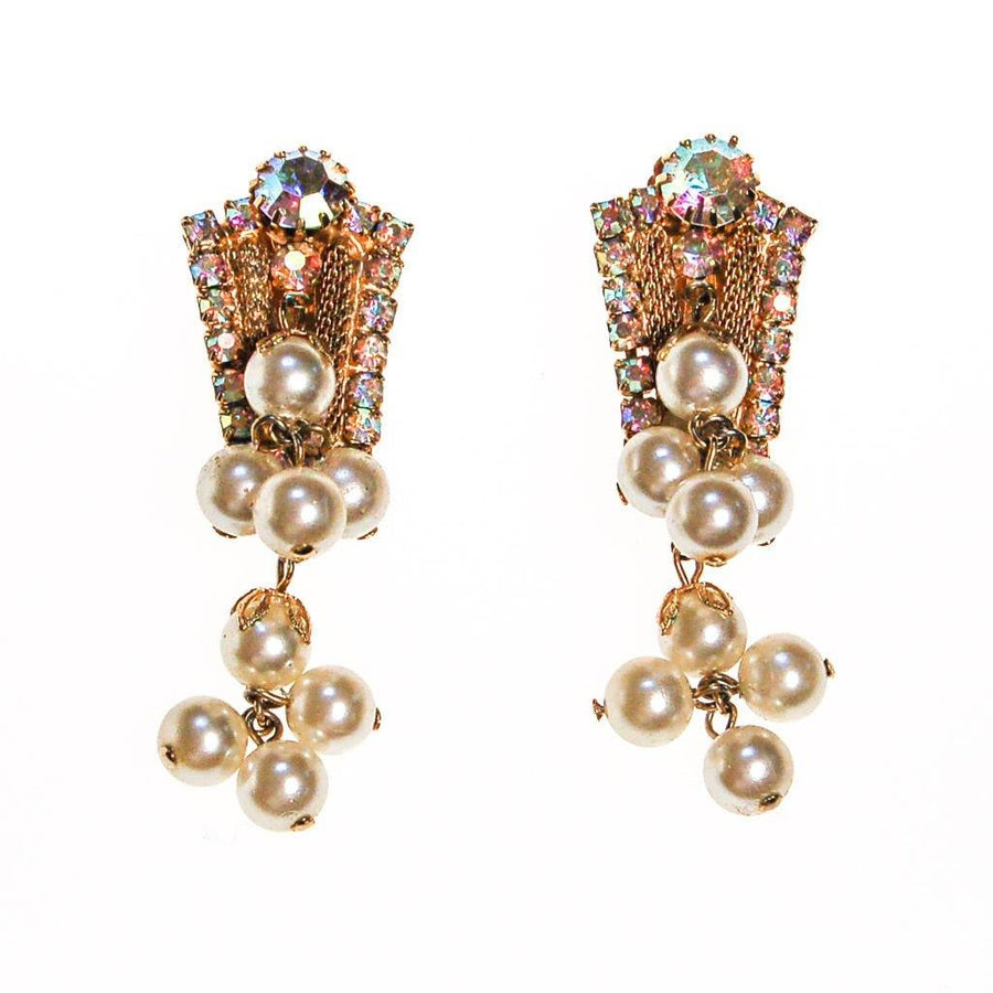 Dangling Pearl and Aurora Borealis Rhinestone Earrings by 1960s - Vintage Meet Modern Vintage Jewelry - Chicago, Illinois - #oldhollywoodglamour #vintagemeetmodern #designervintage #jewelrybox #antiquejewelry #vintagejewelry