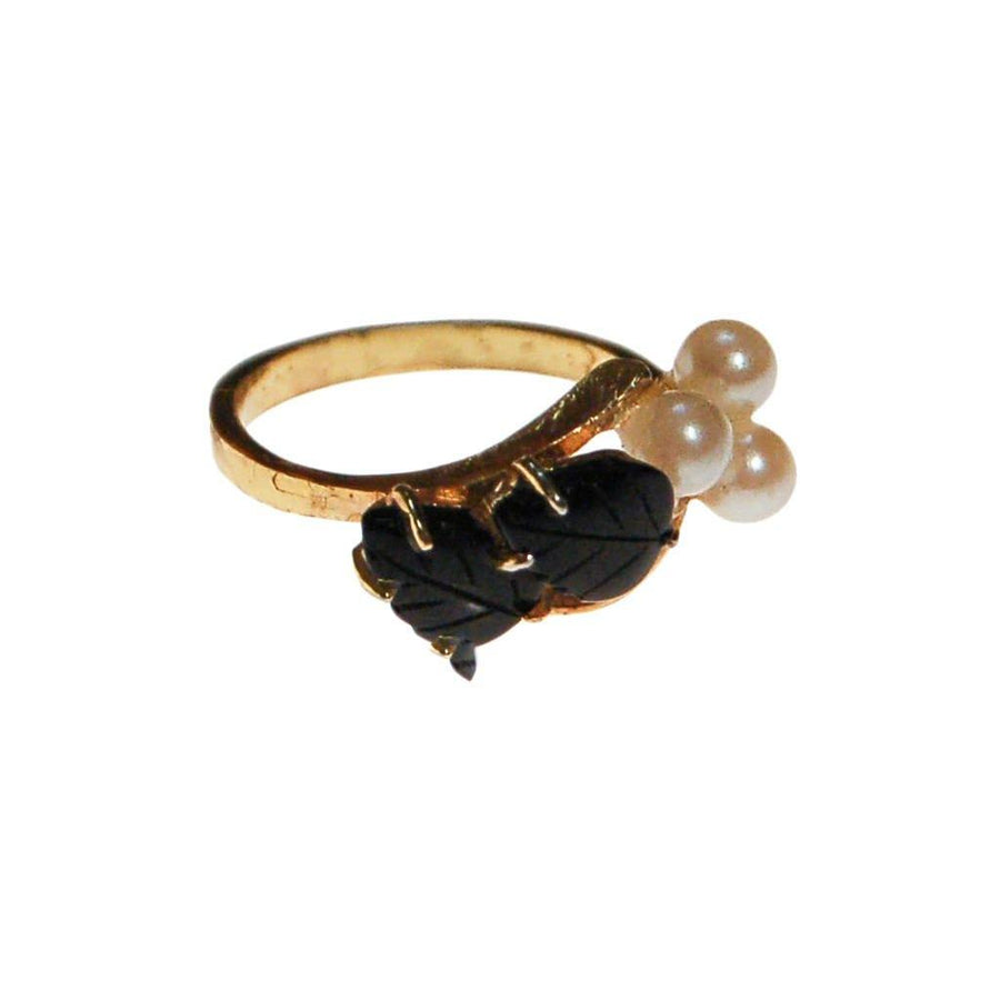 Pearl Flower and Black Onyx Leaves Ring by Mid Century Modern - Vintage Meet Modern Vintage Jewelry - Chicago, Illinois - #oldhollywoodglamour #vintagemeetmodern #designervintage #jewelrybox #antiquejewelry #vintagejewelry