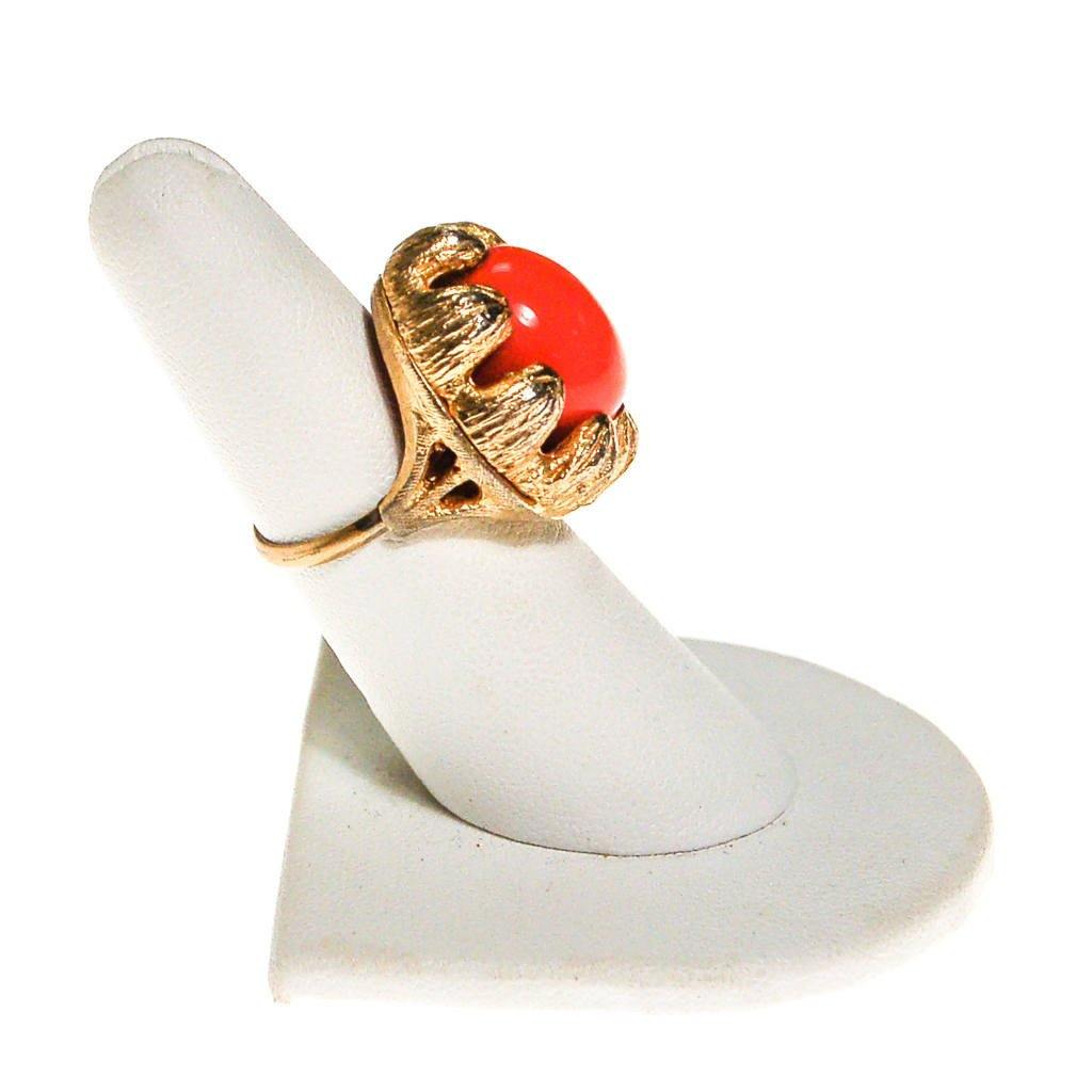 Coral Cabochon Gold Tone Statement Ring by 1960s - Vintage Meet Modern Vintage Jewelry - Chicago, Illinois - #oldhollywoodglamour #vintagemeetmodern #designervintage #jewelrybox #antiquejewelry #vintagejewelry
