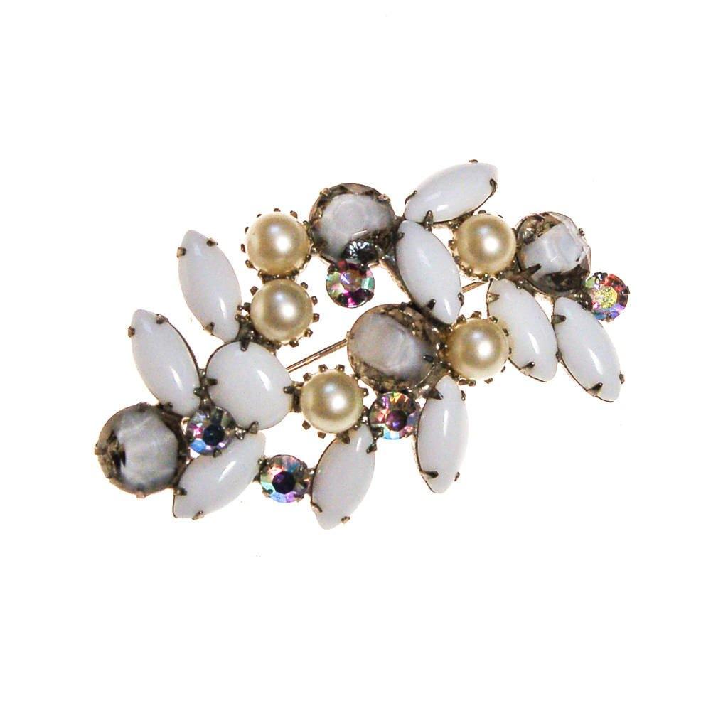 Milk Glass, Faux Pearls, and Aurora Borealis Rhinestone Brooch