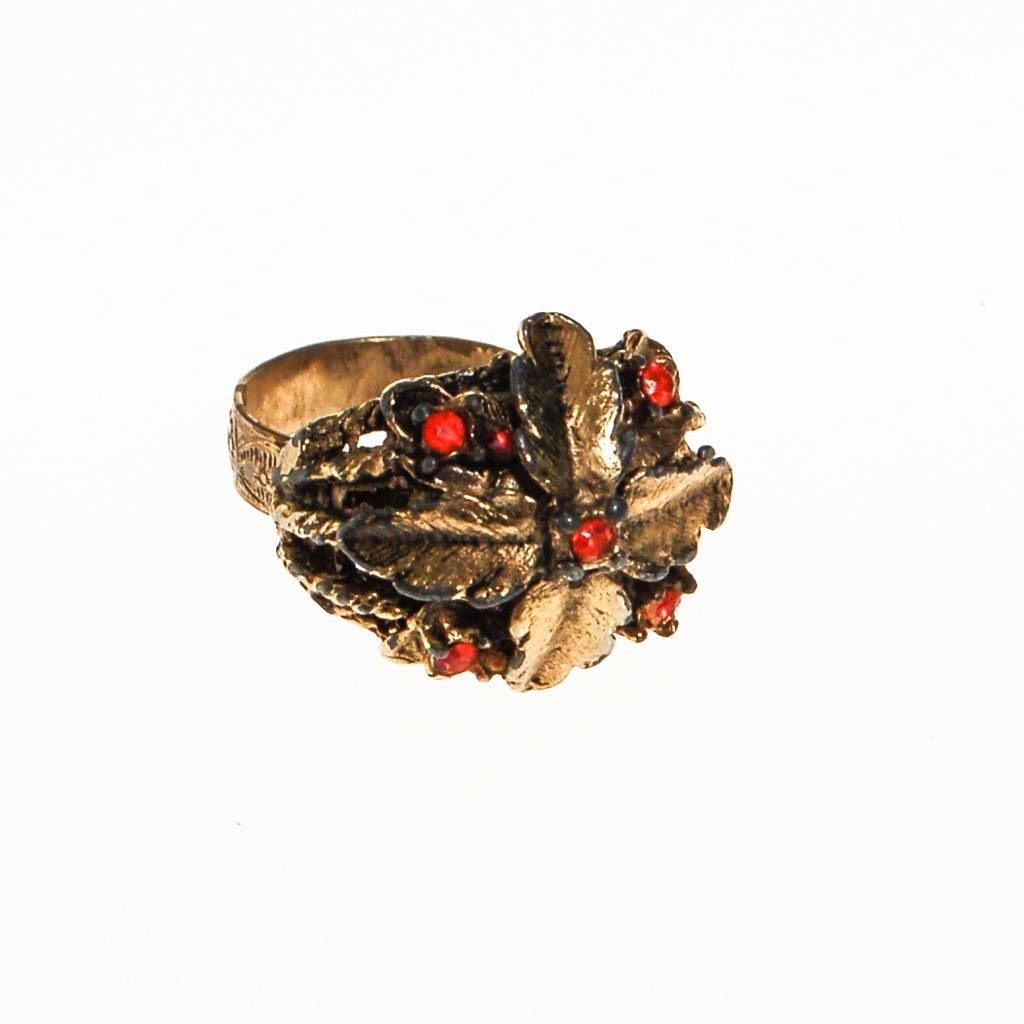 Gold Leaf Statement Ring with Orange Rhinestones, Adjustable, Designer Vintage Jewelry