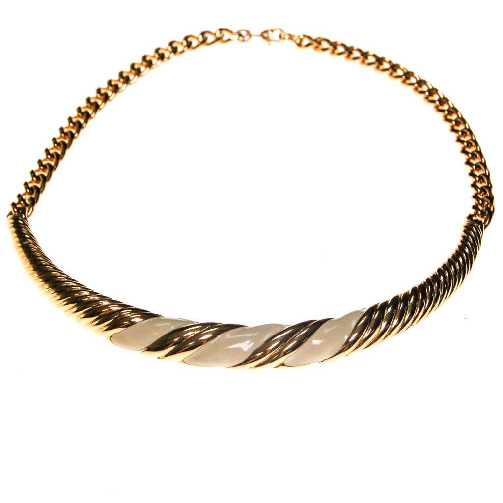 Monet Gold and Cream Enamel Collar Necklace by Monet - Vintage Meet Modern Vintage Jewelry - Chicago, Illinois - #oldhollywoodglamour #vintagemeetmodern #designervintage #jewelrybox #antiquejewelry #vintagejewelry