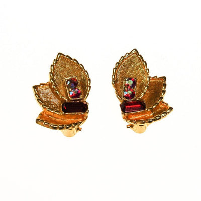 BSK Gold Leaf Earrings with Pink and Red Rhinestones, Clip On, Designer Vintage Jewelry by BSK - Vintage Meet Modern Vintage Jewelry - Chicago, Illinois - #oldhollywoodglamour #vintagemeetmodern #designervintage #jewelrybox #antiquejewelry #vintagejewelry