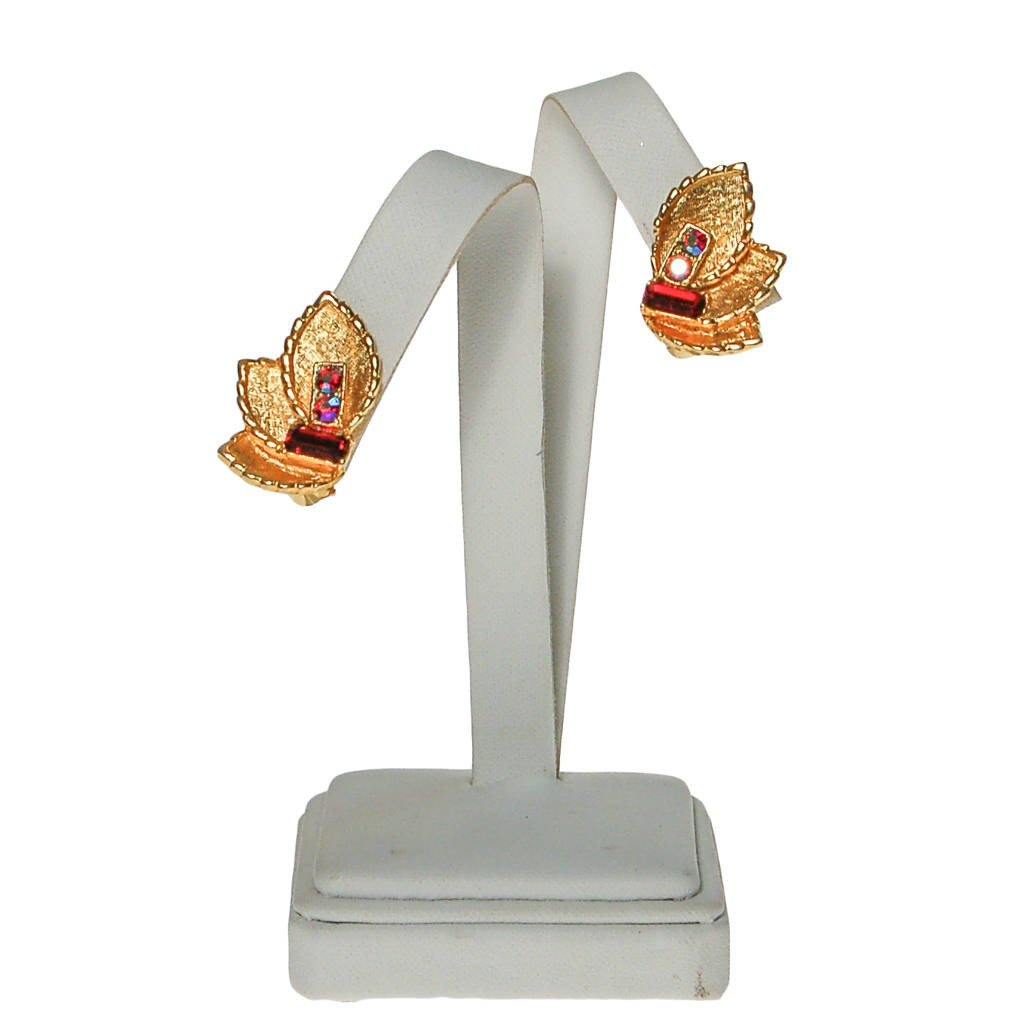 BSK Gold Leaf Earrings with Pink and Red Rhinestones, Clip On, Designer Vintage Jewelry by BSK - Vintage Meet Modern Vintage Jewelry - Chicago, Illinois - #oldhollywoodglamour #vintagemeetmodern #designervintage #jewelrybox #antiquejewelry #vintagejewelry