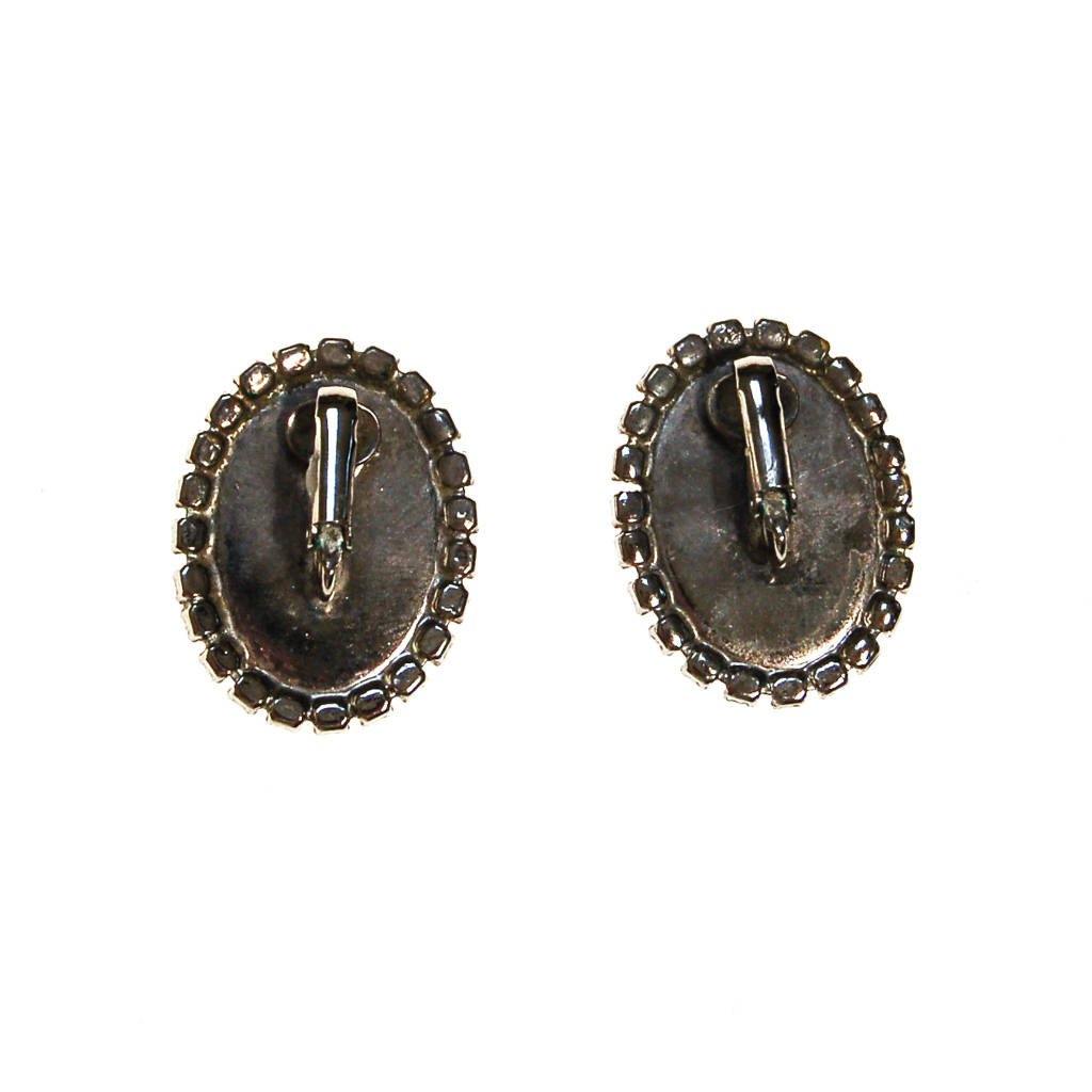 Jet Black and Rhinestone Clip On Earrings, Oval Shape, Designer Vintage Jewelry by unsigned - Vintage Meet Modern Vintage Jewelry - Chicago, Illinois - #oldhollywoodglamour #vintagemeetmodern #designervintage #jewelrybox #antiquejewelry #vintagejewelry