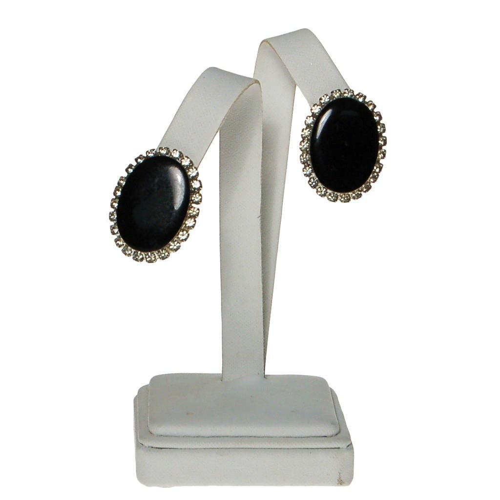 Jet Black and Rhinestone Clip On Earrings, Oval Shape, Designer Vintage Jewelry by unsigned - Vintage Meet Modern Vintage Jewelry - Chicago, Illinois - #oldhollywoodglamour #vintagemeetmodern #designervintage #jewelrybox #antiquejewelry #vintagejewelry