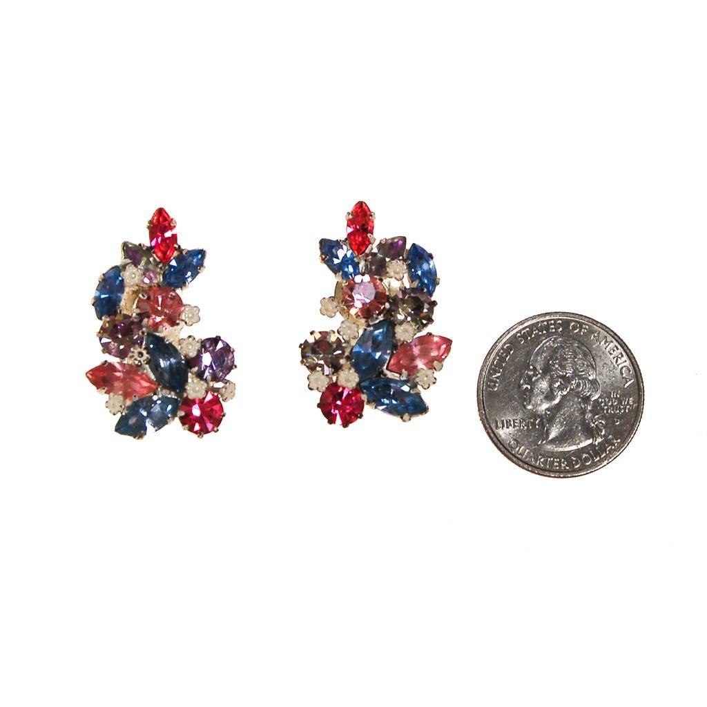 Pastel Rhinestone Earrings, Pink, Purple, Light Blue, Clip On, Made in Austria, White Metal Setting by unsigned - Vintage Meet Modern Vintage Jewelry - Chicago, Illinois - #oldhollywoodglamour #vintagemeetmodern #designervintage #jewelrybox #antiquejewelry #vintagejewelry