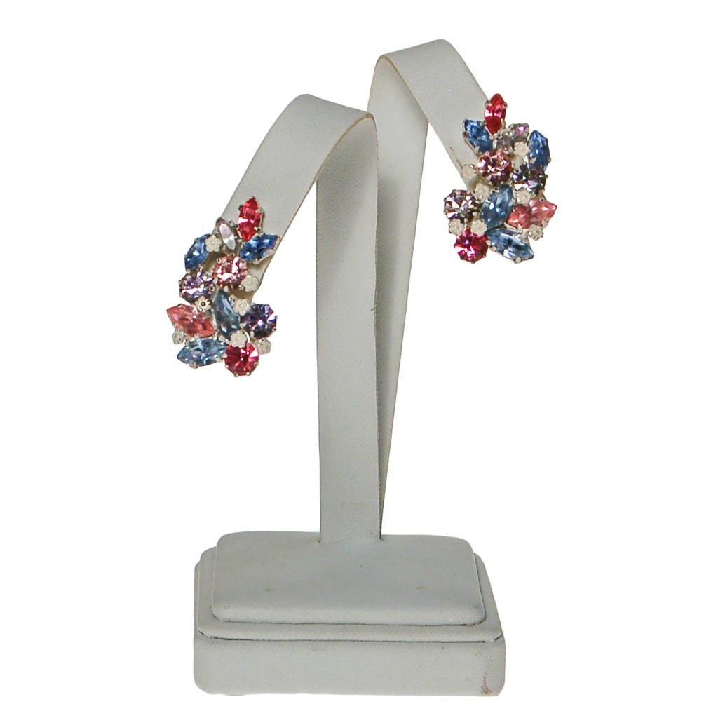 Pastel Rhinestone Earrings, Pink, Purple, Light Blue, Clip On, Made in Austria, White Metal Setting by unsigned - Vintage Meet Modern Vintage Jewelry - Chicago, Illinois - #oldhollywoodglamour #vintagemeetmodern #designervintage #jewelrybox #antiquejewelry #vintagejewelry
