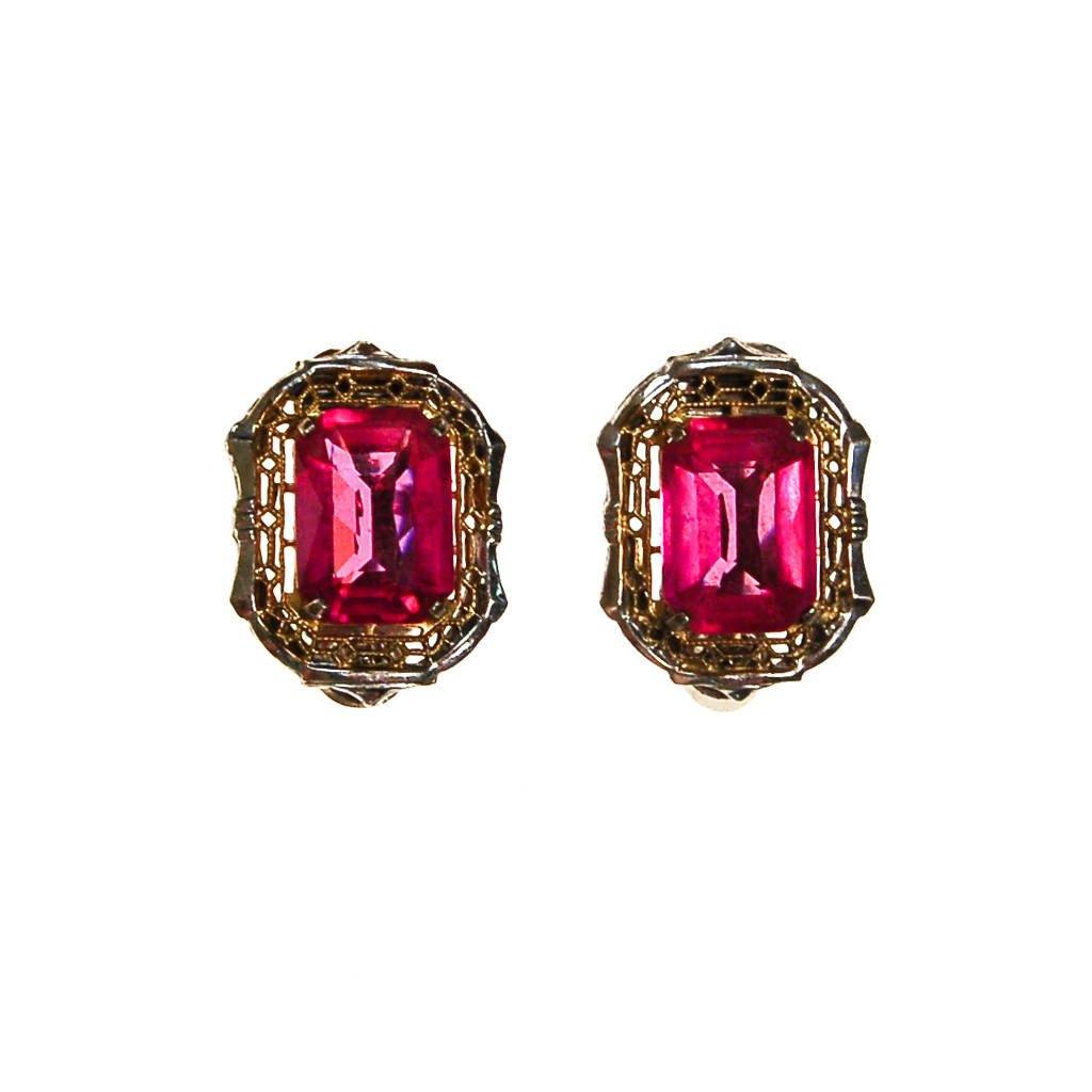 Pink Crystal, 18kt Gold, Sterling Silver Art Deco Era Earrings by unsigned - Vintage Meet Modern Vintage Jewelry - Chicago, Illinois - #oldhollywoodglamour #vintagemeetmodern #designervintage #jewelrybox #antiquejewelry #vintagejewelry