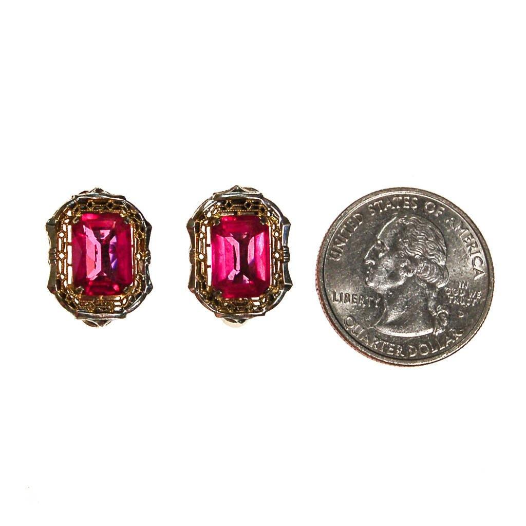 Pink Crystal, 18kt Gold, Sterling Silver Art Deco Era Earrings by unsigned - Vintage Meet Modern Vintage Jewelry - Chicago, Illinois - #oldhollywoodglamour #vintagemeetmodern #designervintage #jewelrybox #antiquejewelry #vintagejewelry