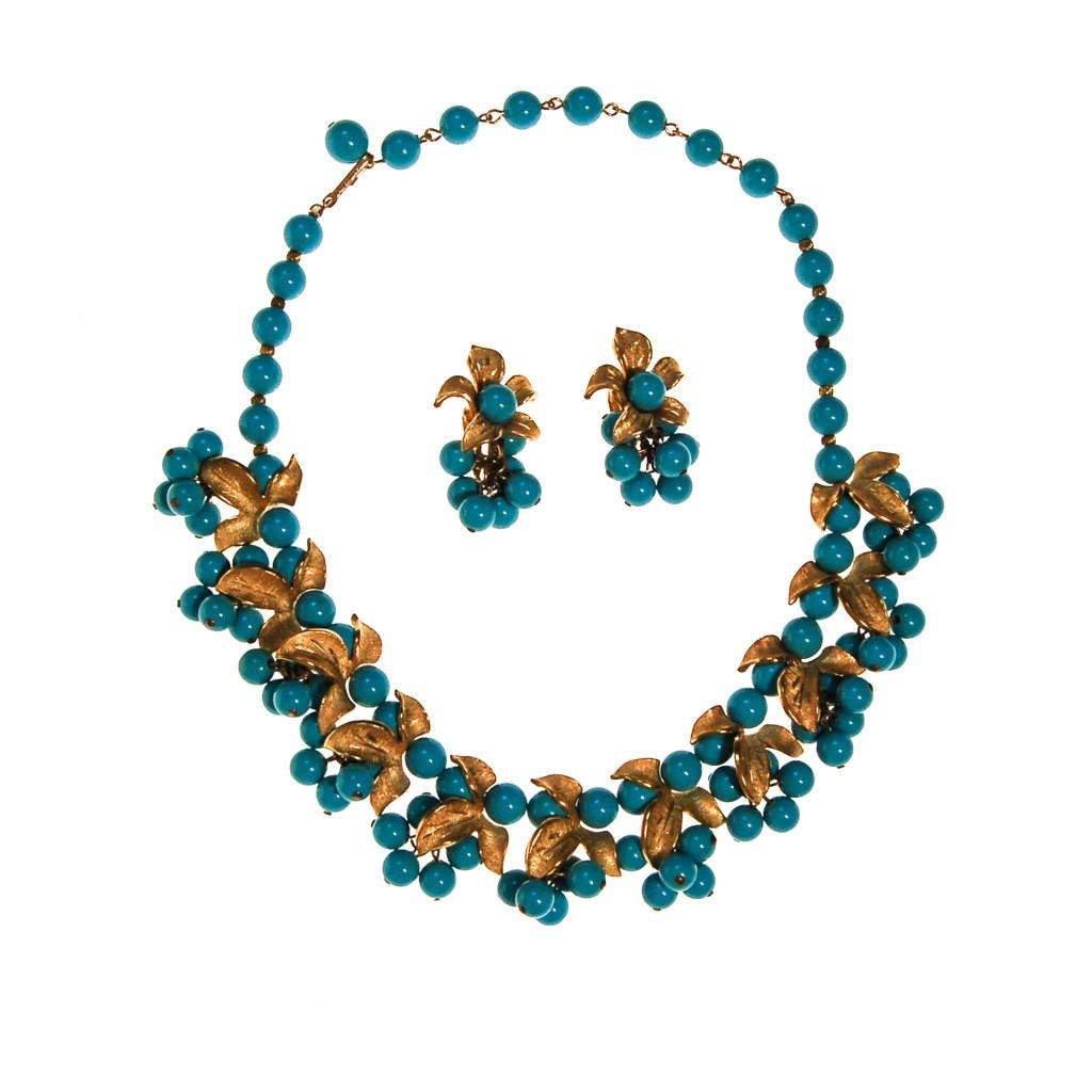 Kramer Turquoise Beads and Gold Leaves Necklace and Earrings Set by Kramer - Vintage Meet Modern Vintage Jewelry - Chicago, Illinois - #oldhollywoodglamour #vintagemeetmodern #designervintage #jewelrybox #antiquejewelry #vintagejewelry