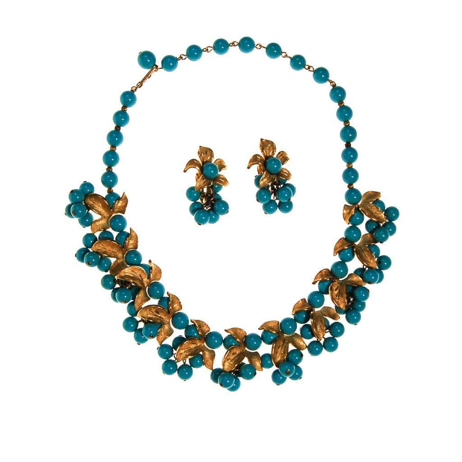 Kramer Turquoise Beads and Gold Leaves Necklace and Earrings Set by Kramer - Vintage Meet Modern Vintage Jewelry - Chicago, Illinois - #oldhollywoodglamour #vintagemeetmodern #designervintage #jewelrybox #antiquejewelry #vintagejewelry