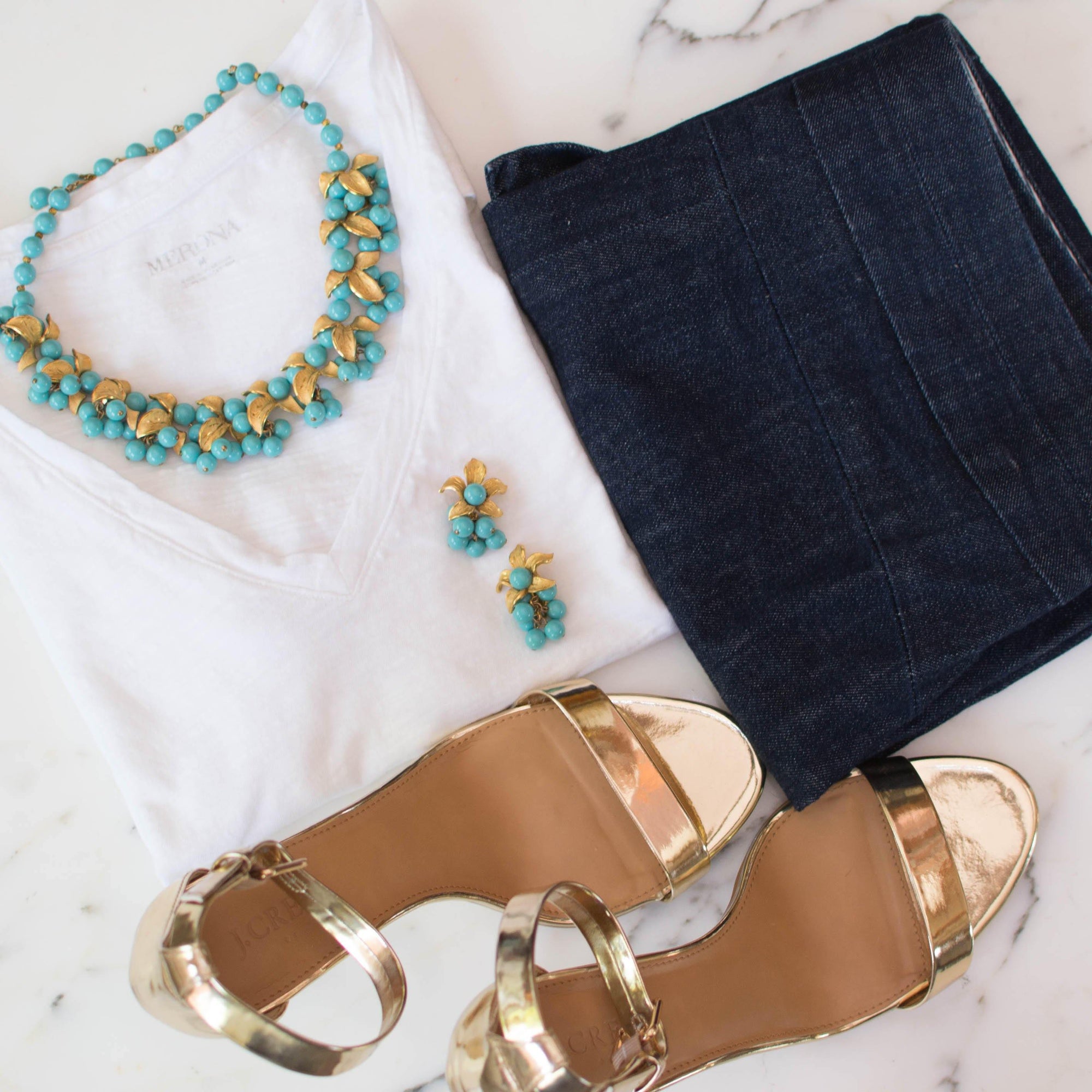 Kramer Turquoise Beads and Gold Leaves Necklace and Earrings Set by Kramer - Vintage Meet Modern Vintage Jewelry - Chicago, Illinois - #oldhollywoodglamour #vintagemeetmodern #designervintage #jewelrybox #antiquejewelry #vintagejewelry