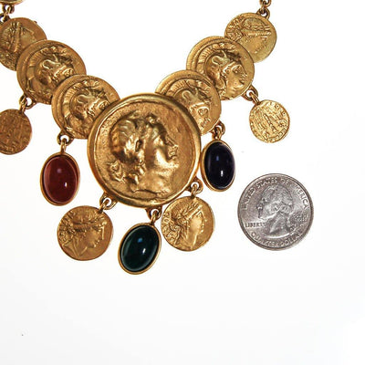 Roman Coin Statement Necklace, Red, Green, Blue Cabochon Accents by unsigned - Vintage Meet Modern Vintage Jewelry - Chicago, Illinois - #oldhollywoodglamour #vintagemeetmodern #designervintage #jewelrybox #antiquejewelry #vintagejewelry