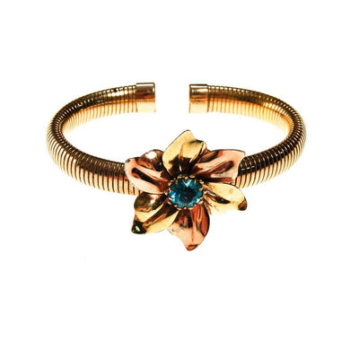 Rose and Yellow Gold Tone Bracelet with Blue Rhinestone Flower by PS Co - Vintage Meet Modern Vintage Jewelry - Chicago, Illinois - #oldhollywoodglamour #vintagemeetmodern #designervintage #jewelrybox #antiquejewelry #vintagejewelry
