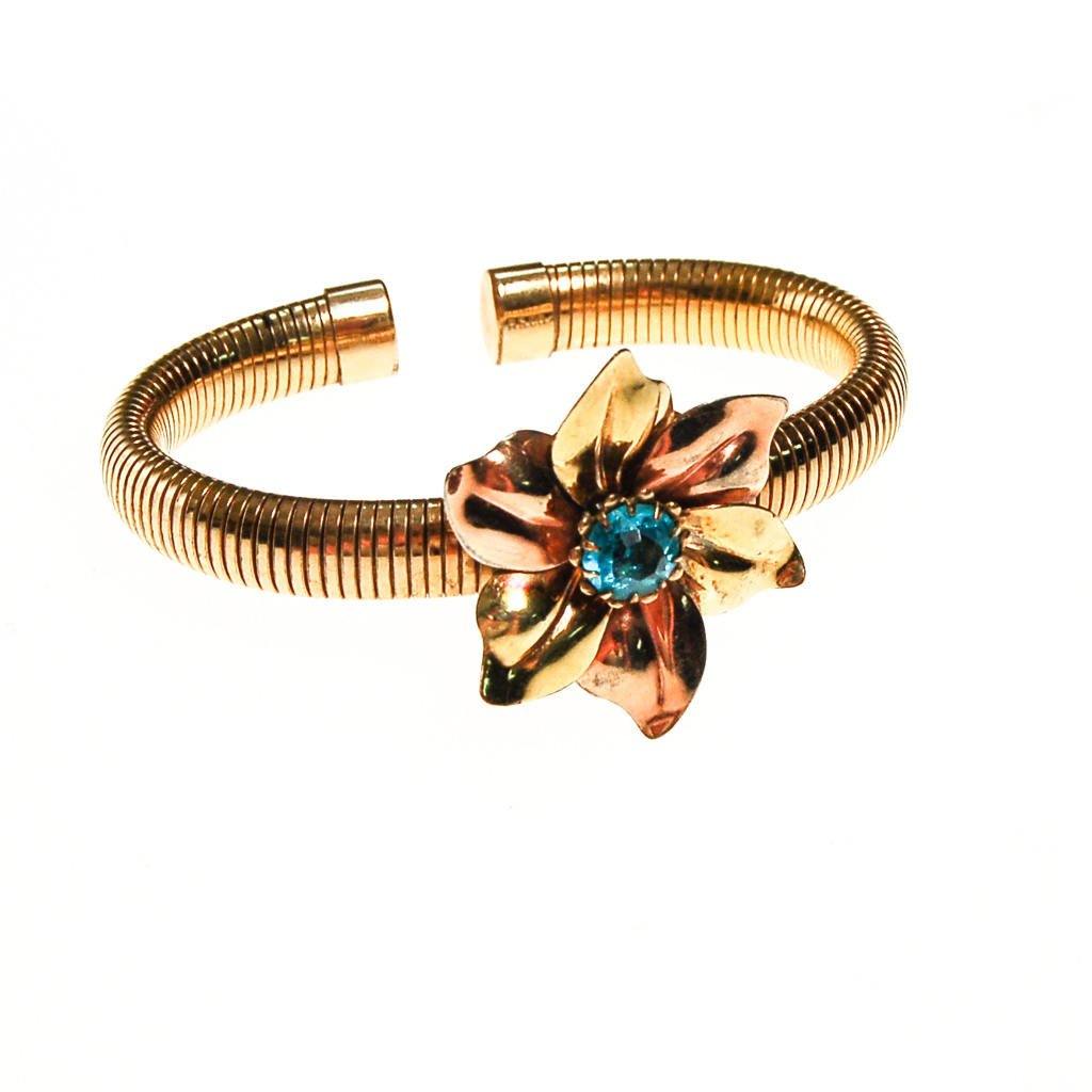 Rose and Yellow Gold Tone Bracelet with Blue Rhinestone Flower