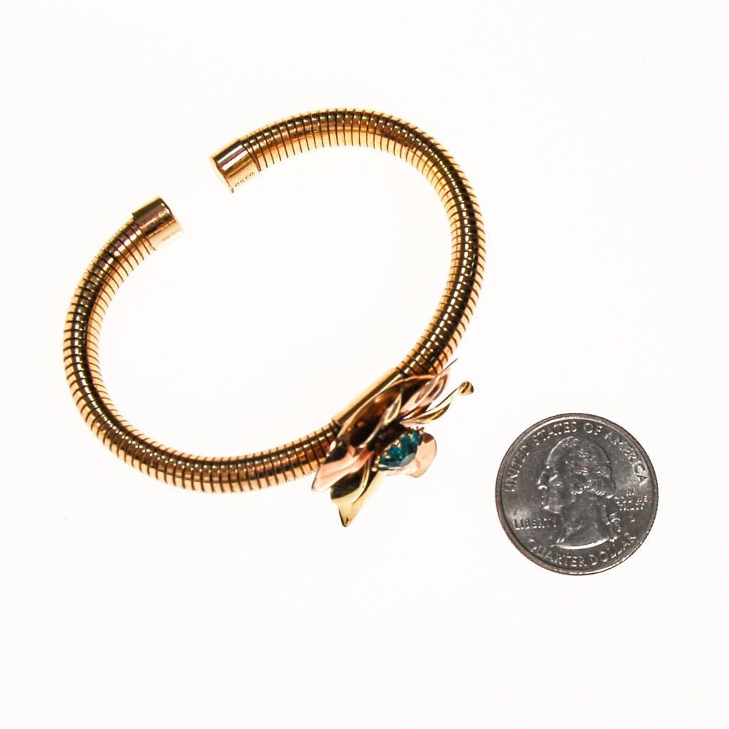 Rose and Yellow Gold Tone Bracelet with Blue Rhinestone Flower by PS Co - Vintage Meet Modern Vintage Jewelry - Chicago, Illinois - #oldhollywoodglamour #vintagemeetmodern #designervintage #jewelrybox #antiquejewelry #vintagejewelry