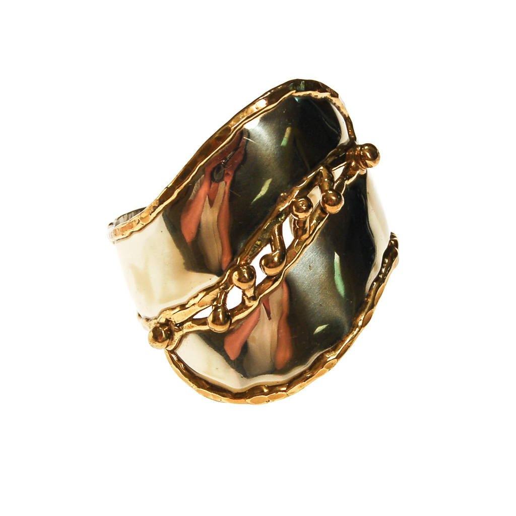 One of a Kind Wide Silver and Gold Brutalist Cuff Bracelet, Handmade by unsigned - Vintage Meet Modern Vintage Jewelry - Chicago, Illinois - #oldhollywoodglamour #vintagemeetmodern #designervintage #jewelrybox #antiquejewelry #vintagejewelry