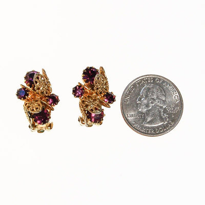 Purple Rhinestone and Gold Filigree Leaf Earrings, Clip On by unsigned - Vintage Meet Modern Vintage Jewelry - Chicago, Illinois - #oldhollywoodglamour #vintagemeetmodern #designervintage #jewelrybox #antiquejewelry #vintagejewelry