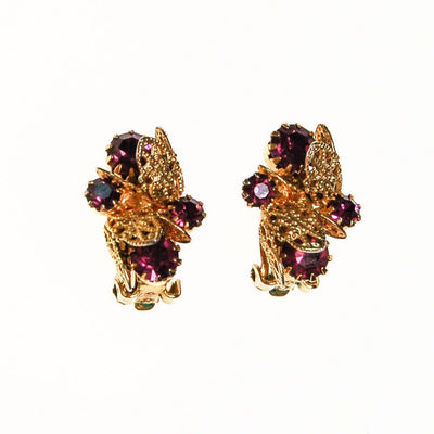 Purple Rhinestone and Gold Filigree Leaf Earrings, Clip On by unsigned - Vintage Meet Modern Vintage Jewelry - Chicago, Illinois - #oldhollywoodglamour #vintagemeetmodern #designervintage #jewelrybox #antiquejewelry #vintagejewelry