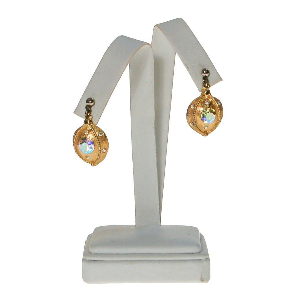 Gold Tone Drop Earrings with Rainbow Rhinestones by Aurora Borealis - Vintage Meet Modern Vintage Jewelry - Chicago, Illinois - #oldhollywoodglamour #vintagemeetmodern #designervintage #jewelrybox #antiquejewelry #vintagejewelry