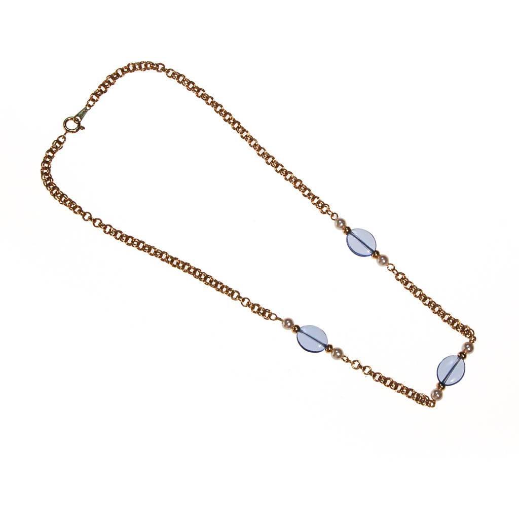 Vintage Avon Gold Chain Necklace with Blue Crystals and Faux Pearls