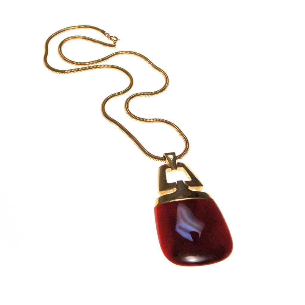 Crown Trifari Modernist Pendant Necklace with Red Lucite by Crown Trifari - Vintage Meet Modern Vintage Jewelry - Chicago, Illinois - #oldhollywoodglamour #vintagemeetmodern #designervintage #jewelrybox #antiquejewelry #vintagejewelry
